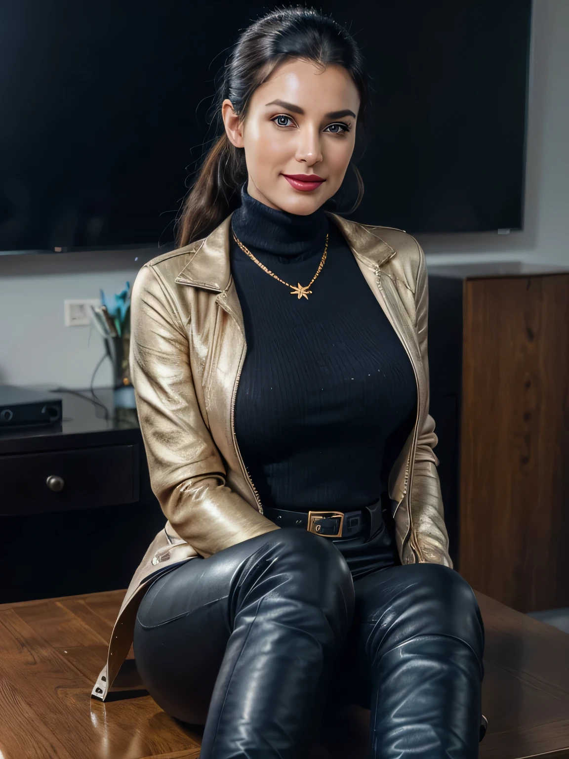 photo of a completly clothed prime minister of parliament woman with a smile sitting on her desk legs crossed( no nudity) ,waitin for the man she loves , monica bellucci at 32 , ((incredibly clear clear blue eyes )) (( flirting with the camera)) (( smart smiling lookin at the camera)) (( red lipstick)) (( Monica is dressed with a blue tellier jacket blue turtleneck sweater , gold chain, and black leather pants inside the boots,:1.2 )) (( black soft stiletto pirate high knee Leather boots )) (( black ponytail hair)) (( she is wearing his favorite vintage grey silk gloves )) (( she is showing me her beautifull black boots)) (( the photo is from up front worms eyes view )) 4k 8k ultradetailed, kodak print, detailed realistic face, 4k 8k ultradetailed, smooth images, realistic woman, detailed eyes, detailed face, detailed lips
