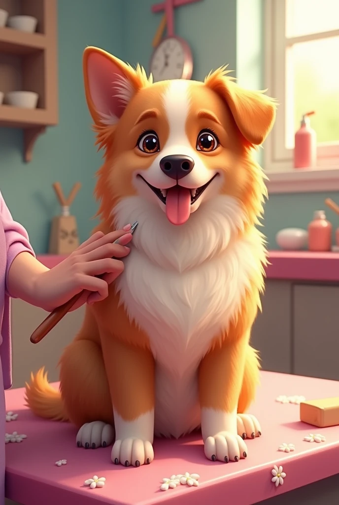 Make a picture of a dog (lobo) being groomed and happy