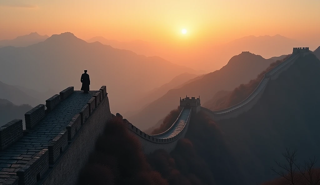A scene of the Great Wall of China snaking across the rugged landscape, with watchtowers punctuating the wall and soldiers standing guard. The horizon shows distant mountains and a setting sun."