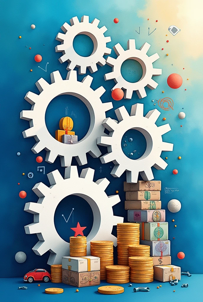 Create a three-dimensional gear Circles and squares, currencies, stacks of coins, stacks of banknotes, lines, graphs, auto parts illustrations. Using watercolor and mixed media, bright colors are used. The light source is in the upper right corner. There are large white gears. The background is blue.