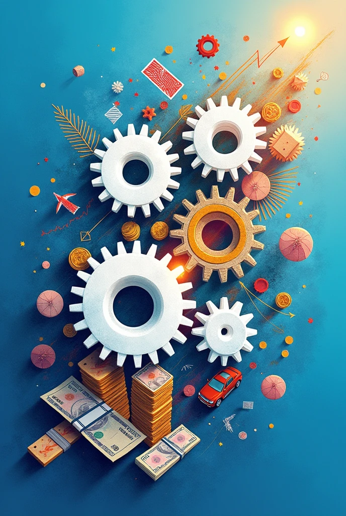 Create a three-dimensional gear Circles and squares, currencies, stacks of coins, stacks of banknotes, lines, graphs, auto parts illustrations. Using watercolor and mixed media, bright colors are used. The light source is in the upper right corner. There are large white gears. The background is blue.
