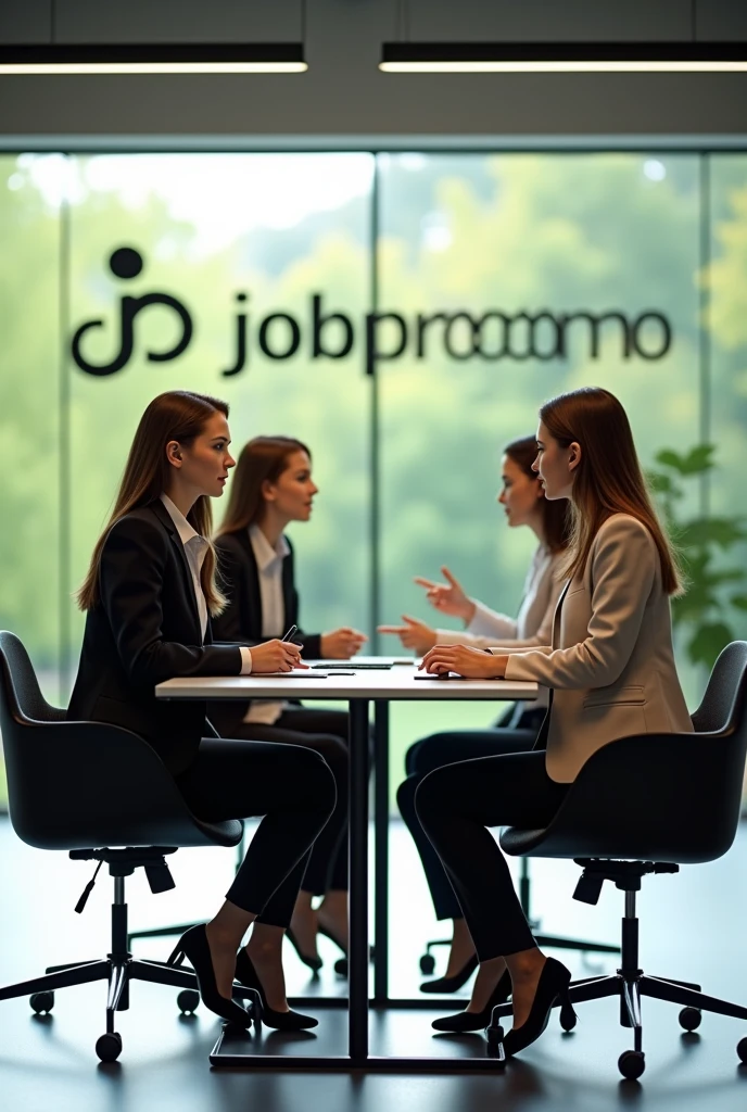three girls are sitting in a super modern office with panoramic windows, where there is a lot of greenery one of them is interviewing the other for a job, on the wall of the office large logo“Jobpromo"