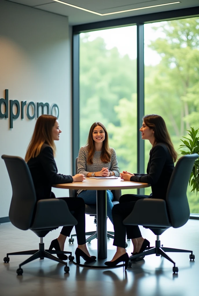 three girls are sitting in a super modern office with panoramic windows, where there is a lot of greenery one of them is interviewing the other for a job, on the wall of the office large logo“Jobpromo"