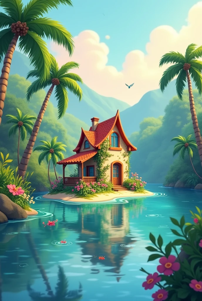 Animated background for stories with a little house on a lagoon