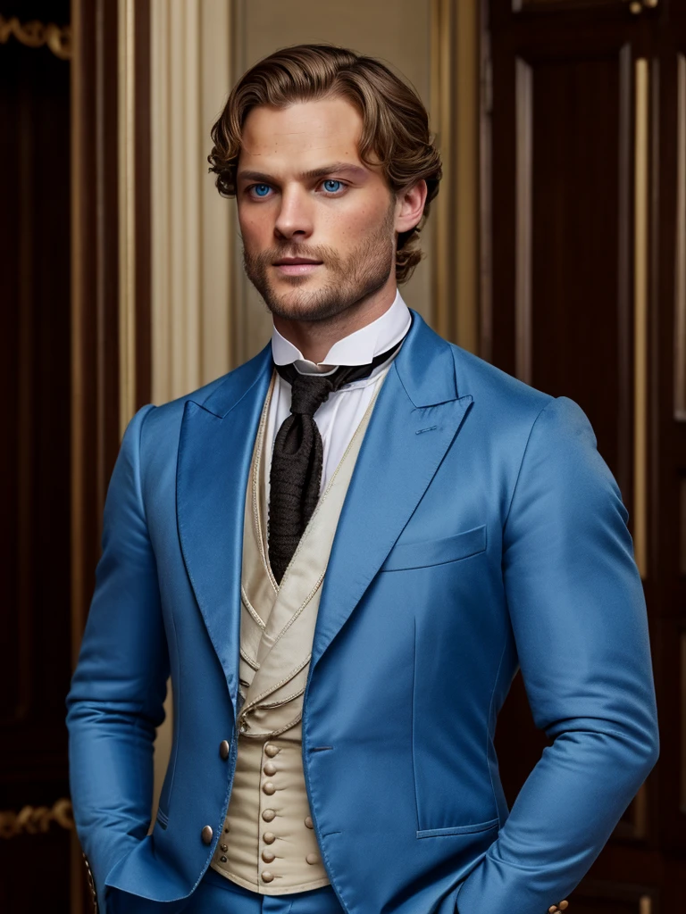 Victorian era man, 30 years old , blonde and light blue eyes, extremely handsome and manly prince of Monaco where he looks half-length with a wardrobe worthy of the Victorian era and with Jamie Dornan features