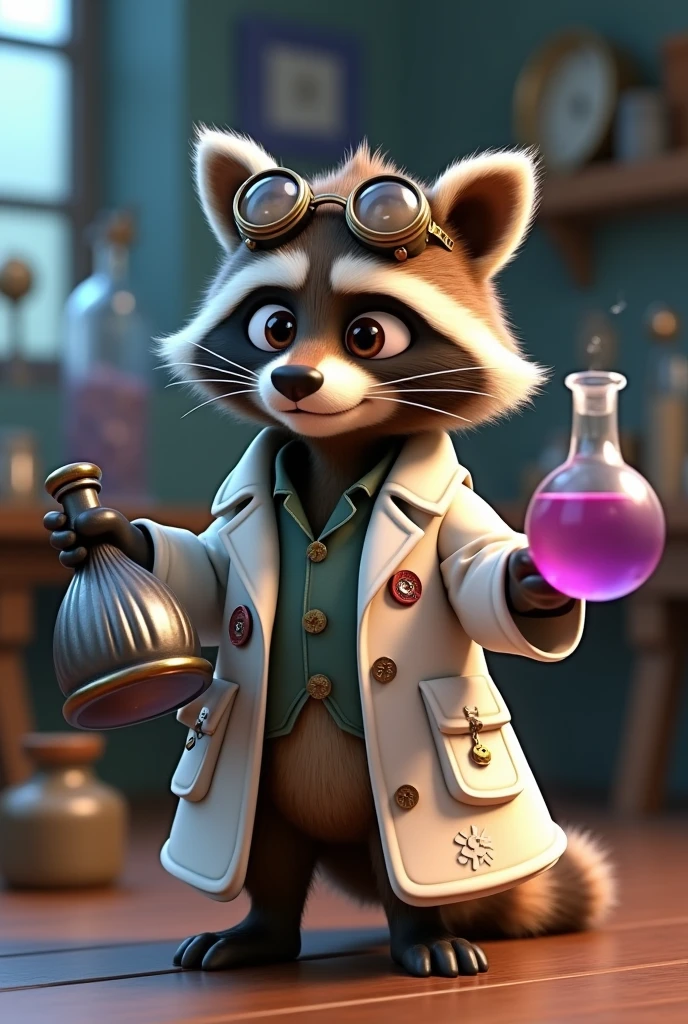 Animated raccoon in a lab coat, with steampunk glasses and in one hand holding a silver and in the other hand holding a flask with some purple liquid