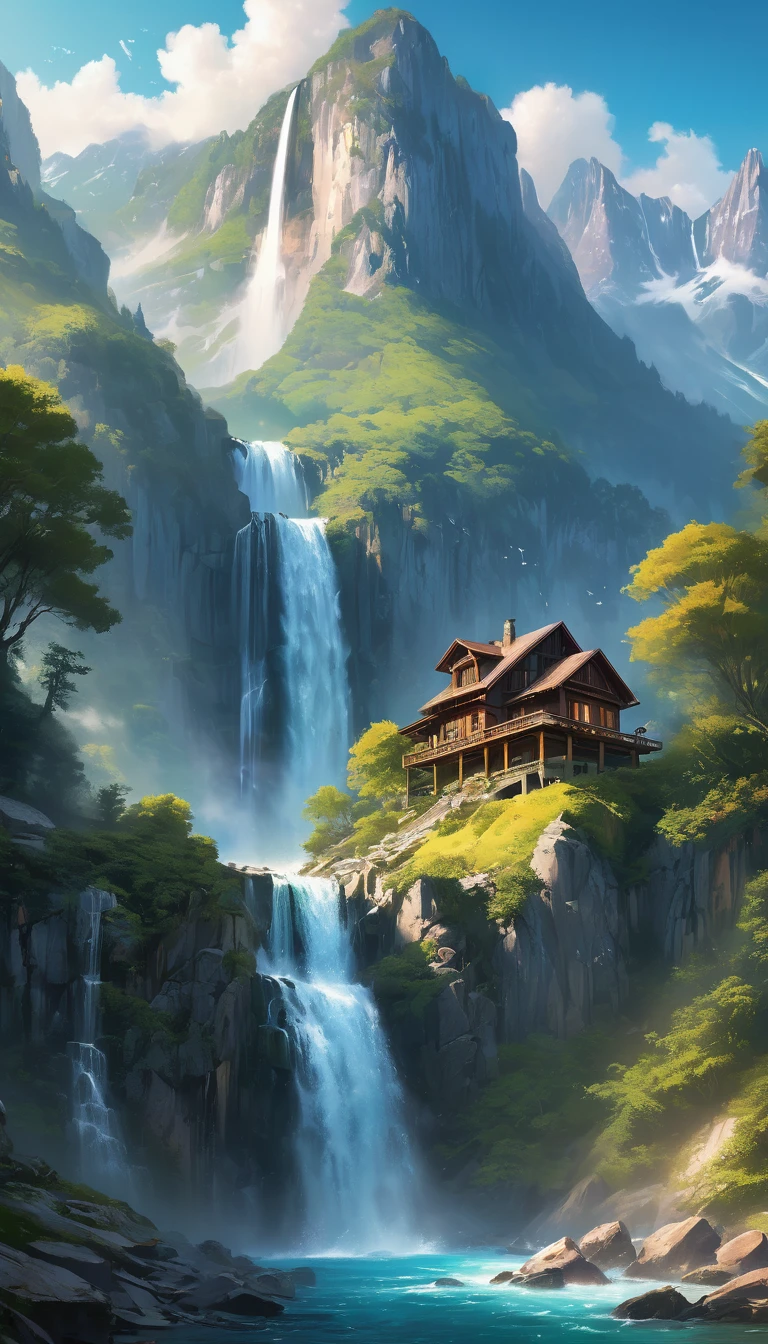 painting of a waterfall in a mountainous area with a house on top, vertical wallpaper, 4 k vertical wallpaper, 4k vertical wallpaper, 8 k vertical wallpaper, 8k vertical wallpaper, ross tran. scenic background, beautiful matte painting, 4k matte painting, detailed scenery - width 672, beautiful wallpaper for iphone, avatar landscape, inspired by Raphael Lacoste