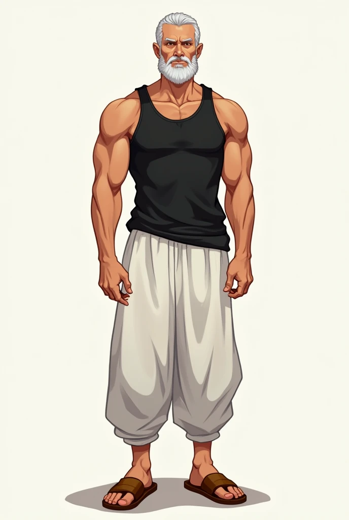 ( tabletop RPG character icon ) A 2 man with a medium beard and 1,65 tall, short hair and wearing a black tank top and white baggy pants and also wooden slippers similar to those of a ninja in Naruto, charismatic and defined, but not with much muscle, with a more charismatic and calm face, relaxed, hairless and few white hairs in the hair and beard
