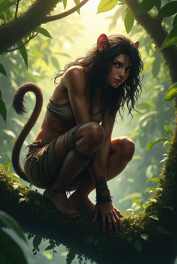 (masterpiece), High quality, high resolution, ape girl squatting on a tree branch, inclined forward, big tits, ripped clothing, deep jungle canopy, top of tree, Tarzan girl, monkey ears, monkey tail,