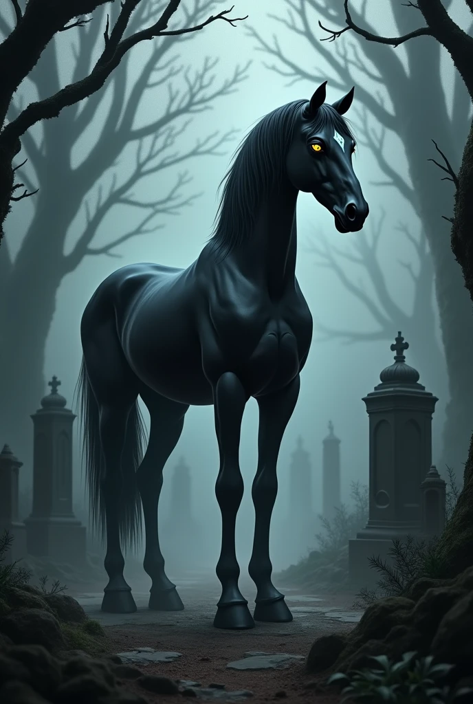 A black two-legged horse standing, in a dark cemetery