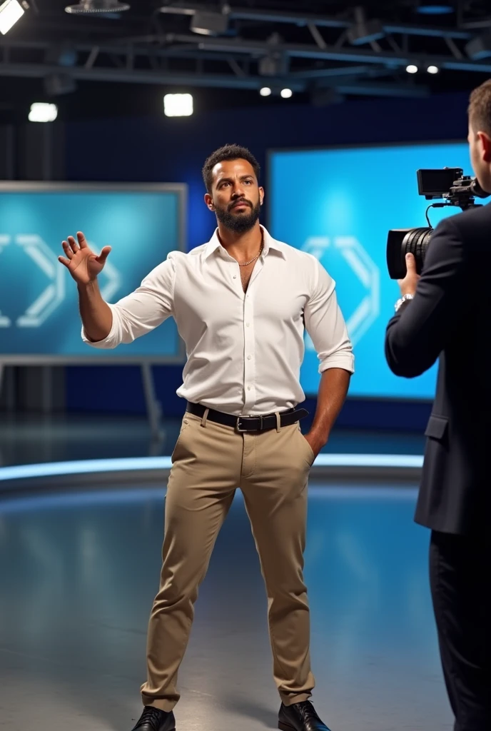 There is a muscular, bearded, mixed-race Brazilian man in a white dress shirt, Khaki Pants, Bulge, bulging volume marking the pants, black shoe, looking at a cameraman, gesturing, in a TV news, in a large journalism studio of a TV channel.
