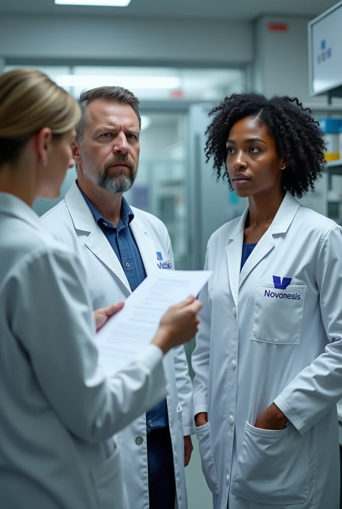 Three people are in the lab standing, all are wearing lab coats that is written Novonesis. One of them is early 60s woman, blonde short size hair and she is the auditor, holding documents in her hand. One auditee is at early white 30s man handsome with dark hair, beard and blue eyes, other auditte is middle early 40s white woman with mid sized dark curly hair, hair not binded. All three's faces are visible and look real people from pictures. They are in a company called Novonesis. They are talking to each other not looking at the camera