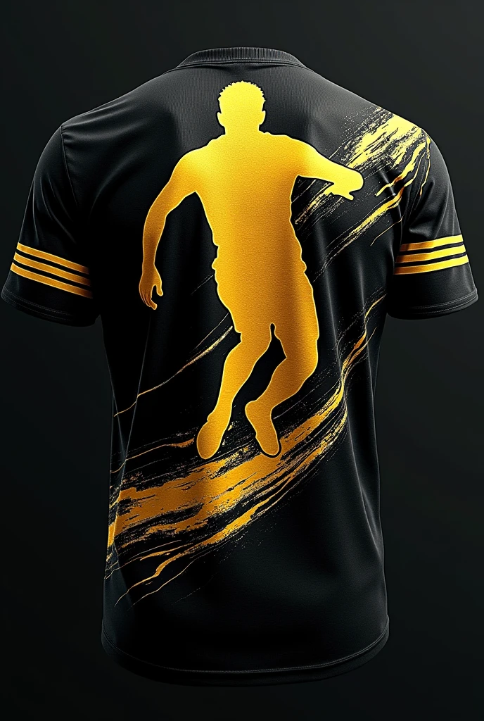 Generate a creative football T-shirt with a black background. The center should have a striking golden silhouette of a footballer in motion, with abstract golden brush strokes across the shirt representing movement and energy. The sleeves should be adorned with thin gold stripes, and the back should feature the number in a bold golden font.