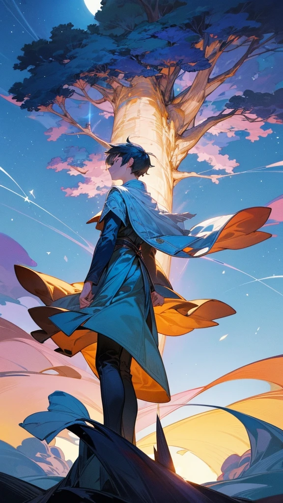 A boy standing near a huge tree, gazing up at a bright full moon, surrounded by twinkling stars, wispy clouds drifting by, dreamy atmosphere, enchanting lighting