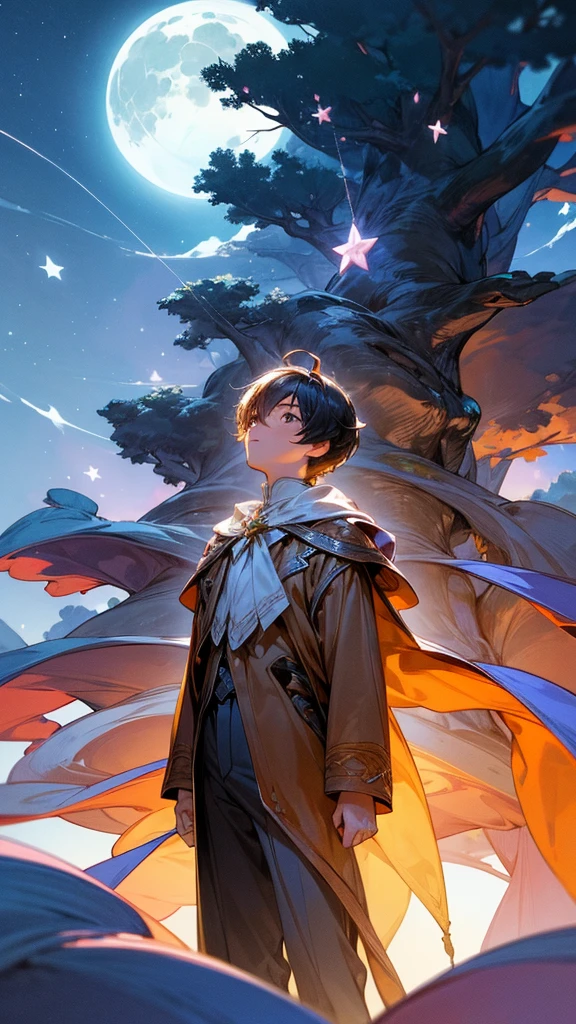 A boy standing near a huge tree, gazing up at a bright full moon, surrounded by twinkling stars, wispy clouds drifting by, dreamy atmosphere, enchanting lighting
