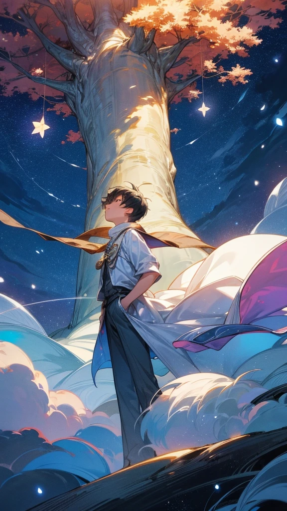 A boy standing near a huge tree, gazing up at a bright full moon, surrounded by twinkling stars, wispy clouds drifting by, dreamy atmosphere, enchanting lighting