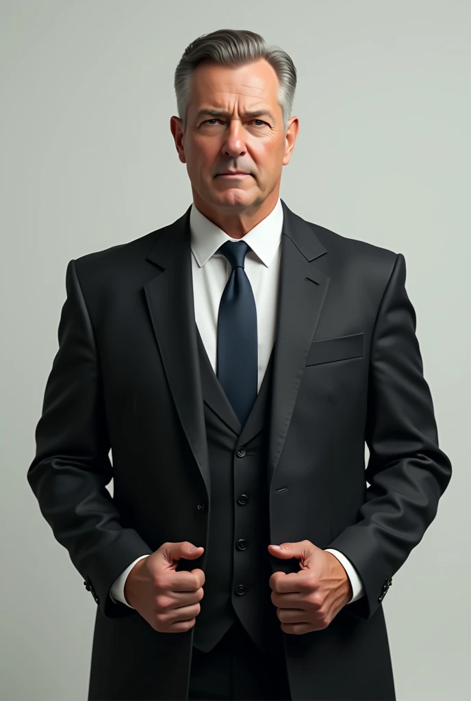 Ultra realistic image of a full body man in a suit and tie showing his hands down