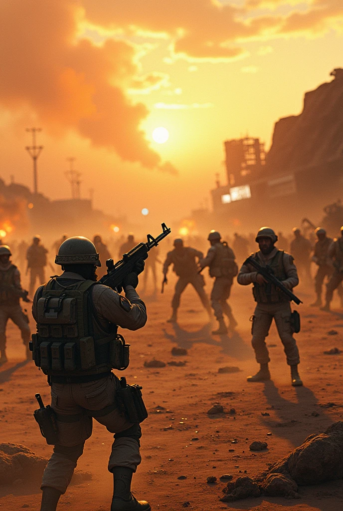 zombies killing and infecting people and soldiers shooting in the desert with military shelters with orange skies