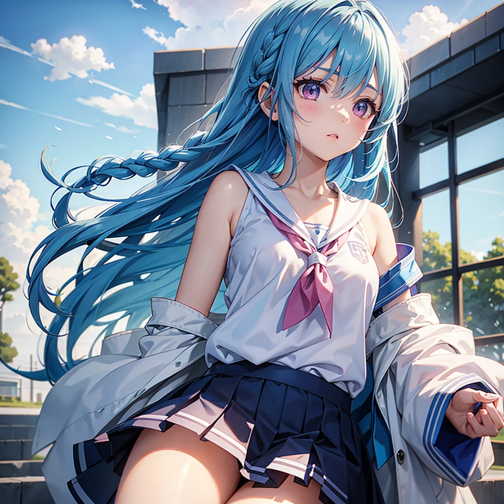 Sky blue hair、Braided Short Hair、Pink Eyes、Fair skin、whole body、sports festival、School、Ground、Schoolの体操服、masterpiece、Highest quality、Very detailed、Best Shadow、Detailed Background、Beautifully detailed face、High Contrast、Best lighting、Very delicate and beautiful、Cinematic Light、Hyper Detail、8k、Dramatic Light、Exquisite detail、