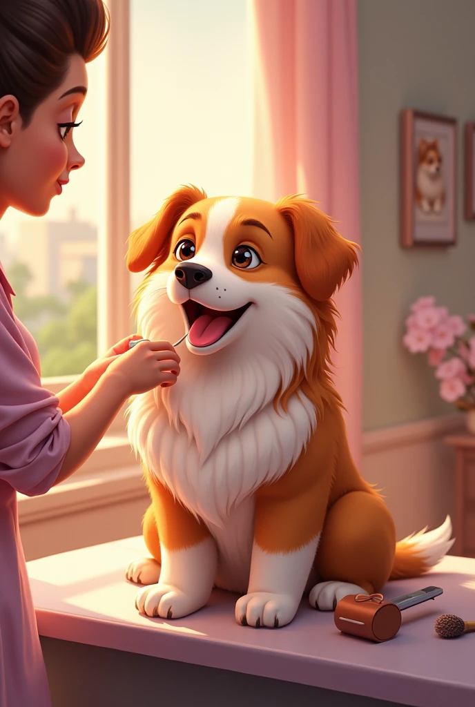 Make a picture of a dog (lobo) being groomed and happy