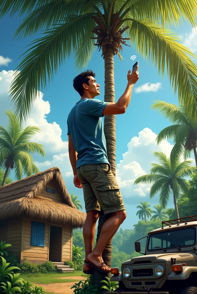 In a serene tropical village, where thatched-roof houses nestle among lush greenery, a determined malay man 28 year glasses climbs a towering palm tree. a faded blue T-shirt and worn-out cargo shorts—hints at countless outdoor adventures. Sun-kissed skin contrasts against the vibrant foliage.

With one hand gripping the rough bark, the climber extends the other toward the sky, clutching a mobile phone. The signal bars flicker hesitantly, as if teasing their efforts. Below, a weathered vehicle rests in the shade, its engine silent.

The scene captures the delicate balance between modern connectivity and nature’s tranquility. The climber’s face reflects both determination and frustration—an everyday struggle in this picturesque corner of the world.

