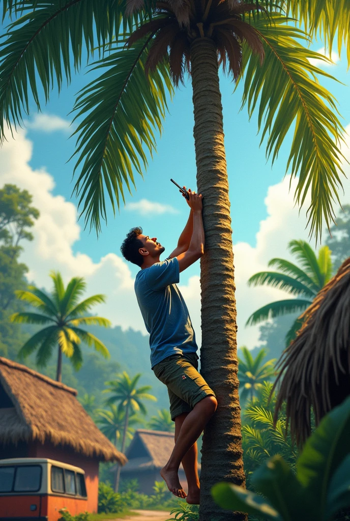 In a serene tropical village, where thatched-roof houses nestle among lush greenery, a determined malay man 28 year glasses climbs a towering palm tree. a faded blue T-shirt and worn-out cargo shorts—hints at countless outdoor adventures. Sun-kissed skin contrasts against the vibrant foliage.
With one hand gripping the rough bark, the climber extends the other toward the sky, clutching a mobile phone. The signal bars flicker hesitantly, as if teasing their efforts. Below, a weathered vehicle rests in the shade, its engine silent.
The scene captures the delicate balance between modern connectivity and nature’s tranquility. The climber’s face reflects both determination and frustration—an everyday struggle in this picturesque corner of the world.