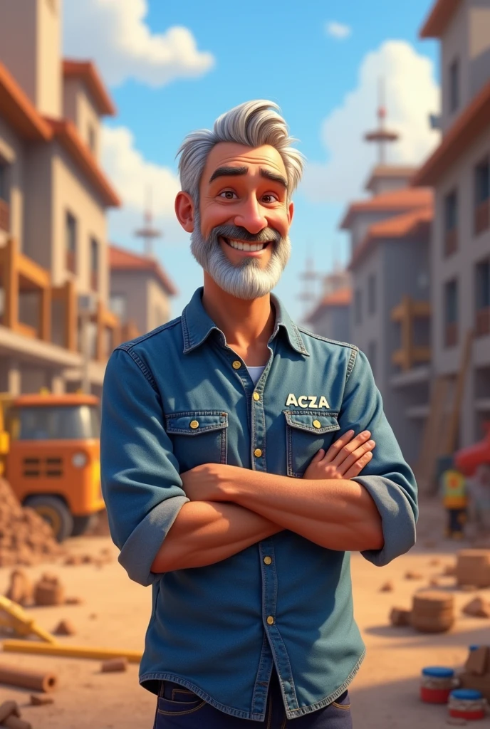 A Disney Pixar style image, of a 50 year old man, straight and gray hair, white skin and beard. He wears a denim shirt, com um leve sorriso. is on a construction site and has his arms crossed. on the shirt it says ACZA on one of the pockets