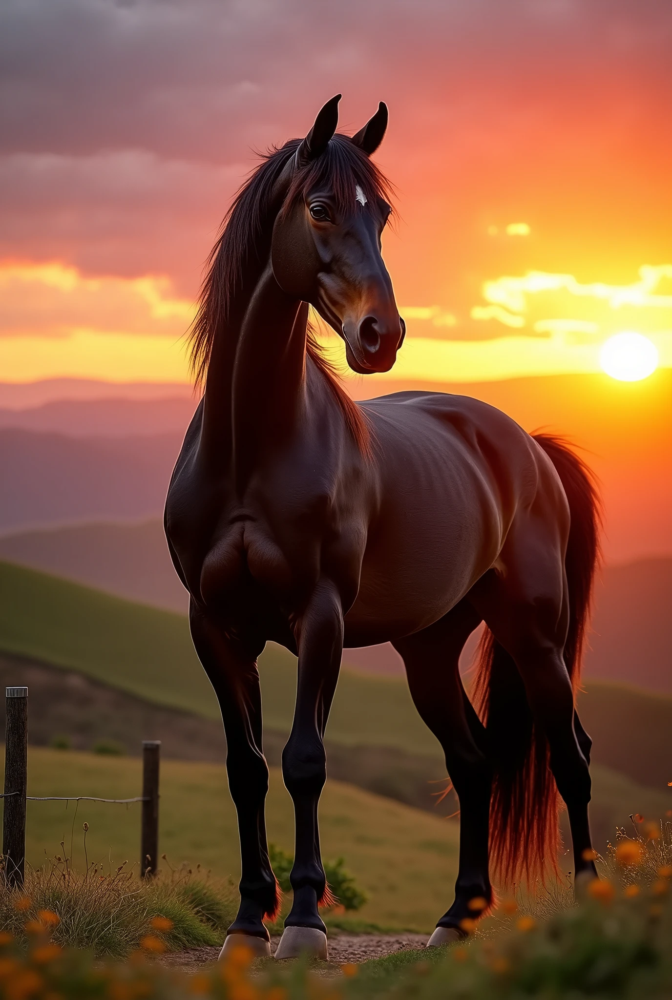 A black Percheron horse in a sunset
