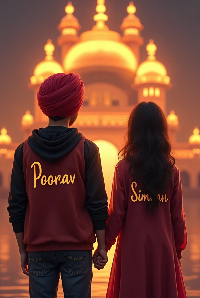 a18 years punjabi boy sir pe lal coolar ki turban pero me jute black coolar ke or hoodie pehan ke rakhi ho or hoodie pe name likha ho poorav ek pass me punjabi girl khadi ho hath pakad kr amritsar gurdawrabackgruand kbord pe name likha ho ,poorav and or The name of two people is written in the back of the Bod.in poorav and simran, me bethe ho dono girl and boy
