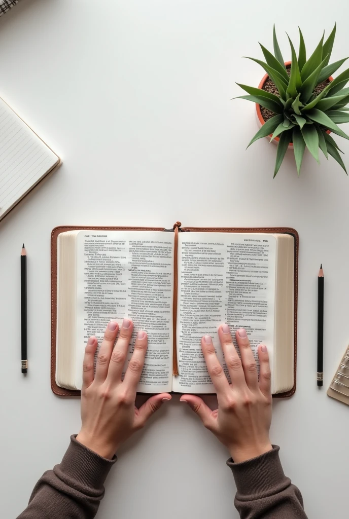 Open bible centered on white desk with pencil on the sides and notebook next to it, hands of a person with a study attitude, aerial view