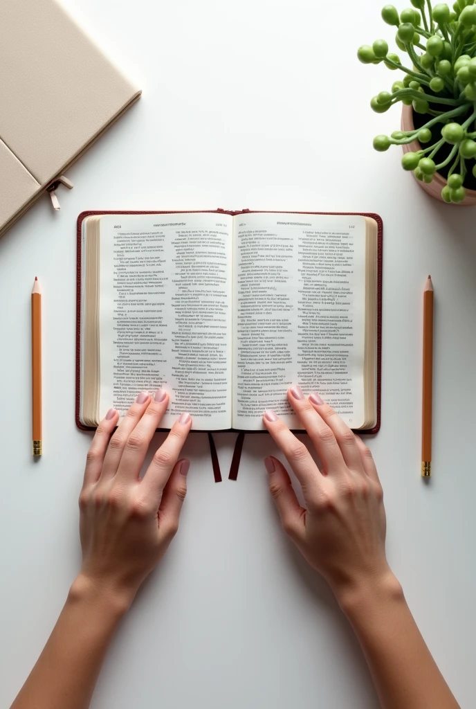 Open bible centered on white desk with pencil on the sides and notebook next to it, hands of a person with a study attitude, aerial view