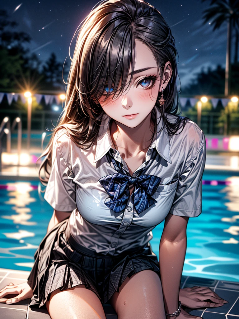 (SFW:1.5) ,Ultra high definition, High detail, Textured skin, retina, High resolution, 
(masterpiece:1.2, top-quality), (realistic, photorealistic:1.4), beautiful illustration, 
looking at viewer, full body, front view:0.6, 
1 girl, japanese, high school girl, (long hair:1.5), blown hair, (side ponytail), hair over one eye, large breasts:0.8, 
beautiful hair, beautiful face, beautiful detailed eyes, beautiful clavicle, beautiful body, beautiful chest, beautiful thigh, beautiful legs, beautiful fingers, 
(beautiful scenery), school,
((collared short sleeve shirt, white shirt, , grey plaid pleated skirt, blue plaid bow tie)), 
(Sitting、slouch, grab the hem of the skirt, hands on chest, hand between leglush,(Leaning forward:1.5)(Portrait Angle)(night、深night:1.5)(Playing in the pool:1.5)(Hair blowing in the wind)