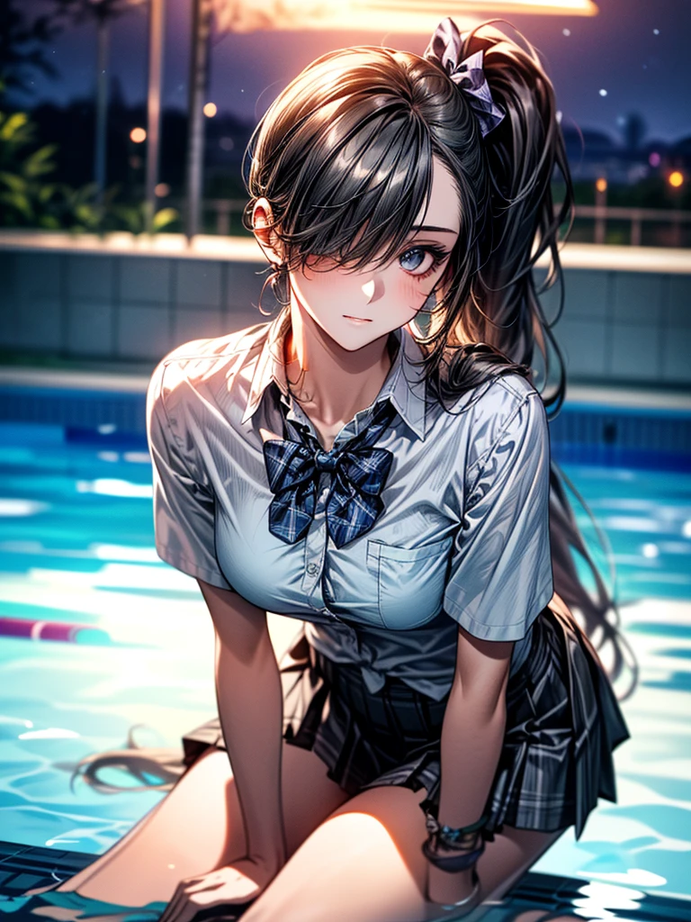 (SFW:1.5) ,Ultra high definition, High detail, Textured skin, retina, High resolution,
(masterpiece:1.2, top-quality), (realistic, photorealistic:1.4), beautiful illustration,
looking at viewer, full body, front view:0.6,
1 girl, japanese, high school girl, (long hair:1.5), blown hair, (side ponytail), hair over one eye, large breasts:0.8,
beautiful hair, beautiful face, beautiful detailed eyes, beautiful clavicle, beautiful body, beautiful chest, beautiful thigh, beautiful legs, beautiful fingers,
(beautiful scenery), school,
((collared short sleeve shirt, white shirt, , grey plaid pleated skirt, blue plaid bow tie)),
(Sitting、slouch, grab the hem of the skirt, hands on chest, hand between leglush,(Leaning forward:1.5)(Portrait Angle)(night、深night:1.5)(Playing in the pool:1.5)(Hair blowing in the wind)