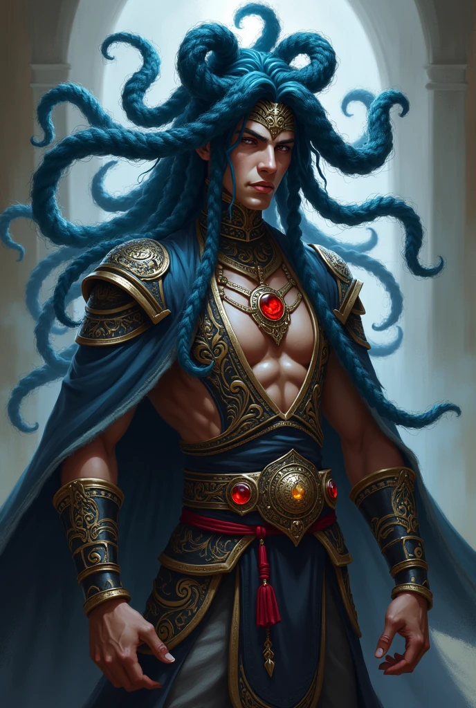 CCDWR illustration artwork tiefling blue skin male (full body) portrait with horns [odalisque | frost demon, warrior] with perfect [anatomy | silhouette] and perfect [stereograph | body type | physique] in a palatial palace Middle, CCDWR concept [art | character design | costume design | fashion design]) CCDWR artstyle [(Victo Ngai) | James Jean] Inspired (Alphonse Mucha)) slim, slim