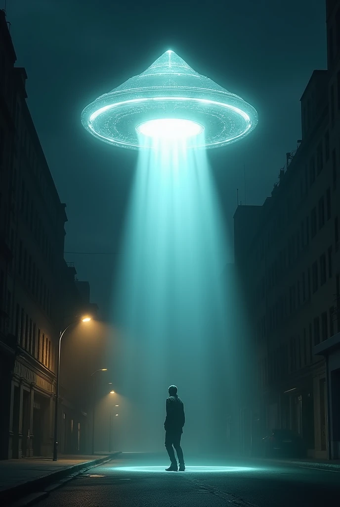 A transparent triangular UFO flying over a dark street and abducting a person