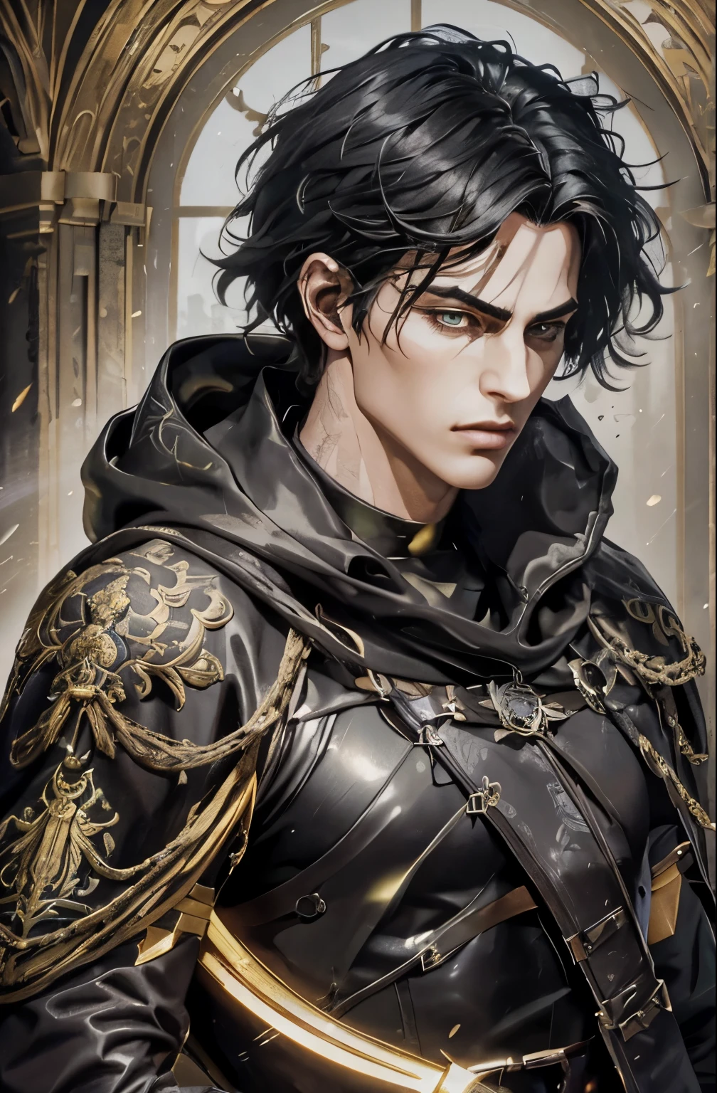 (an androgynous male assassin:1.1),wild black hair,green eyes,slim,black assassin clothing,in a castle,medium:oil painting,detailed background,moody lighting,vivid colors,dark and mysterious ambiance,ominous atmosphere