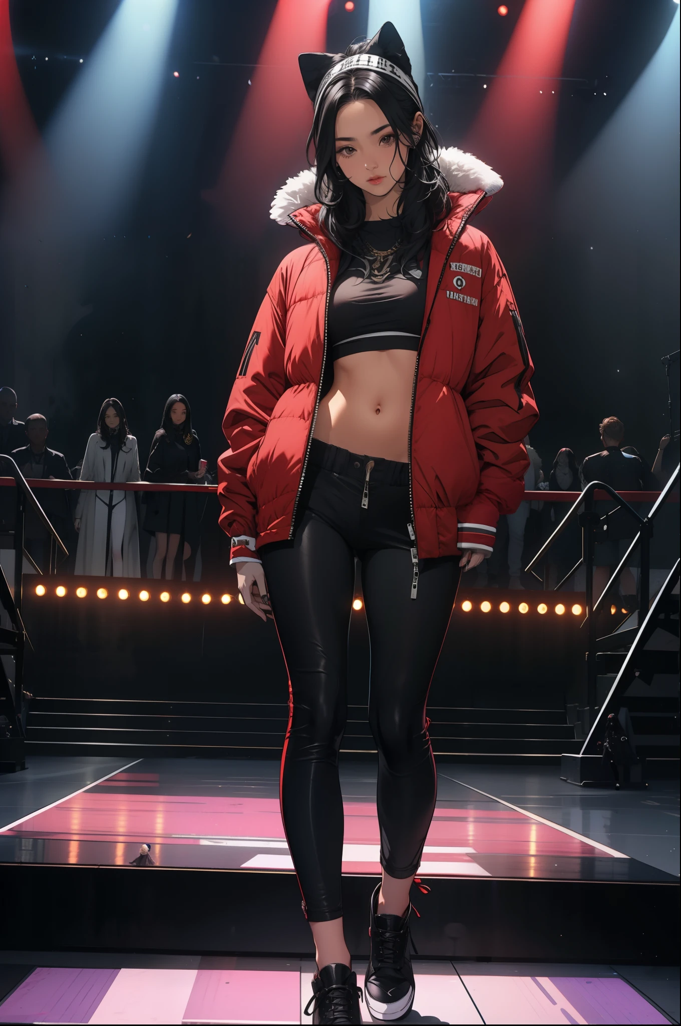1 girl, black long hair, wearing a furry jacket, catwalking, in a fashion show, fullbody shot, perfect body, at the stage,