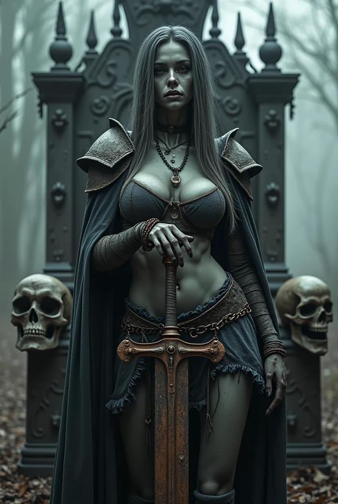 Undead zombie girl, 14th-century warrior infected by a zombie strand of the Black Death, skin rotting away, bare bones of arms and legs visible, extremely sexy face and long dark grey hair, huge breasts and thicc butt, rusted decaying armor with many holes, tight rusty chains around her wrists and ankles, holding a rusted decaying sword, undead zombie goddess of death, in a dead forest in the underworld, supernatural spirit, standing before her throne of wrought iron and skulls, powerful and sexy standing pose, goddess’s throne room in underworld forest, dead trees and heavy fog, very intricate and detailed background scene, highly detailed, goddess, powerful, sexy, real, hyper detailed fantasy art of a mythical goddess, close-up photo of her, incredible facial detail