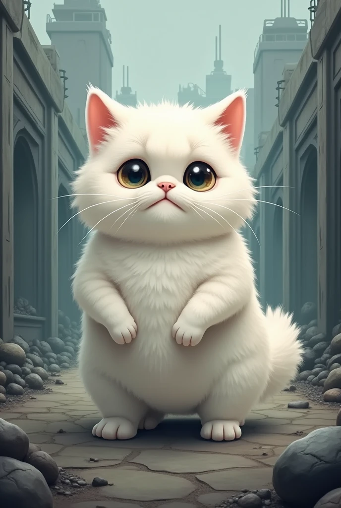 a white cat standing ,cute character,very cute and childlike,dystopia,scottish fold,muscular