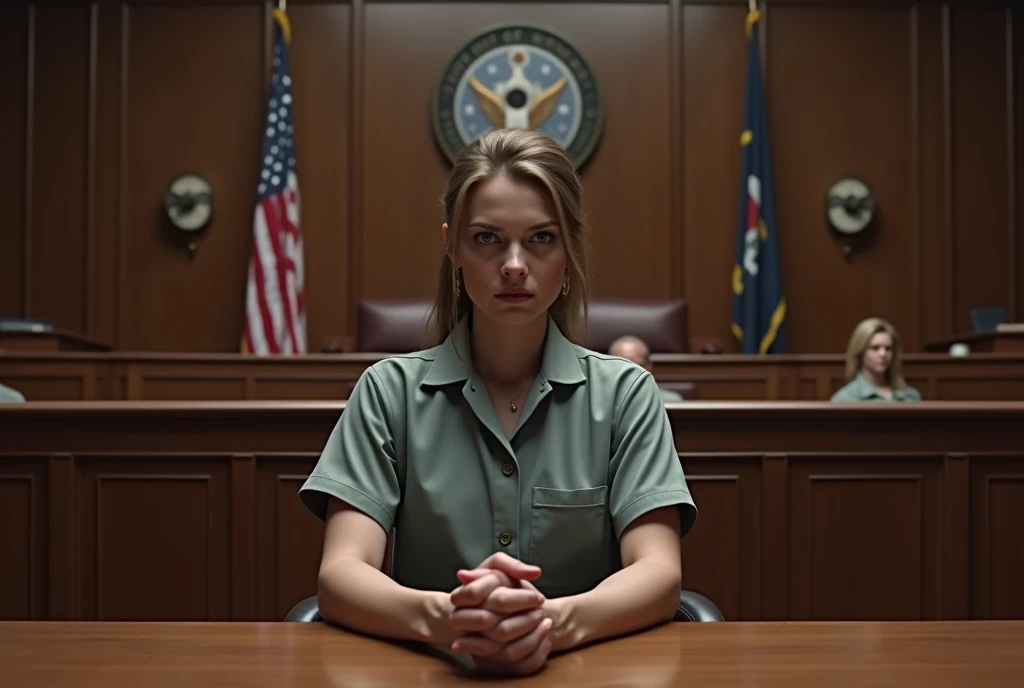 Woman sitting in court wearing US prison uniform