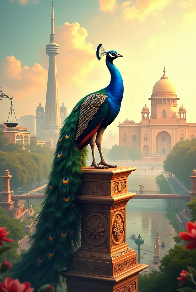 Design a YouTube banner that showcases India's growth and progress. Feature a majestic Indian peacock standing on a pedestal adorned with intricate carvings of Indian laws and constitutional values. In the background, depict a stylized representation of India's infrastructure, such as roads, bridges, and high-rise buildings, blending seamlessly with the Indian Parliament building in New Delhi. Incorporate symbols of honesty, justice, and progress, such as a scales of justice or a lotus flower. Use vibrant colors and patterns inspired by Indian art and architecture. Style: detailed, realistic, and symbolic, with a mix of traditional and modern Indian elements.by the term 2048x1152