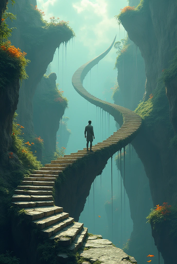 An endless staircase spiraling upwards into the sky, with no visible beginning or end. The steps are made of a variety of materials—some are stone, others are glass, and some appear to be made of water, constantly flowing yet solid enough to step on. Strange, glowing plants grow along the sides of the staircase, with tendrils that reach out towards the sky. The sky itself is filled with floating islands, each with its own miniature ecosystem, defying gravity. A figure is seen ascending the staircase, seemingly lost in an infinite loop. The scene evokes a sense of mystery and the infinite.
