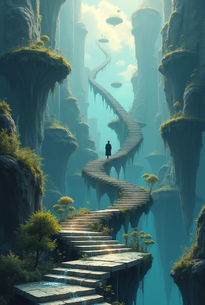 An endless staircase spiraling upwards into the sky, with no visible beginning or end. The steps are made of a variety of materials—some are stone, others are glass, and some appear to be made of water, constantly flowing yet solid enough to step on. Strange, glowing plants grow along the sides of the staircase, with tendrils that reach out towards the sky. The sky itself is filled with floating islands, each with its own miniature ecosystem, defying gravity. A figure is seen ascending the staircase, seemingly lost in an infinite loop. The scene evokes a sense of mystery and the infinite.