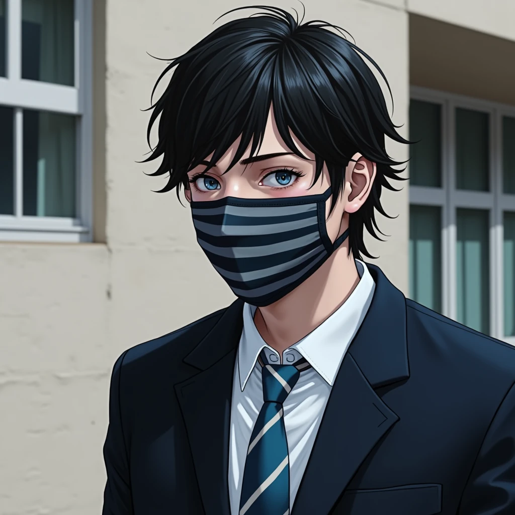 Black hair with bangs that cover his right eye. Realistic. Blue eyes. Handsome. Emo. A horizontal black and gray mask covering his mouth. A blue high school uniform. Handsome, but emo. Blue eyes and black hair. Black side swept hair. Blue eyes. Mask with stripes. Black and gray striped mask. Pale skin. Blue eyes. Noticably blue eyes. Black hair. School uniform. High school school uniform. Blue school univorm. Gray mask. Black hair. Emo. Moody. Sarcastic. Bitter. School uniform. Shaggy black hair. Blue eyes. BLUE EYES. Handsome. High school boy. Youthful face. Youthful pale face with blue eyes. No dark circles. Clear face. Smooth, pale face. Blue eyes. Gray mask. Hair covering an eye. Left eye being covered by bangs.