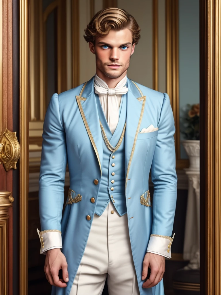 Victorian era man, 30 years old , blonde and light blue eyes, extremely handsome and manly prince of Monaco where he looks half-length with a wardrobe worthy of the Victorian era and with Jamie Dornan features