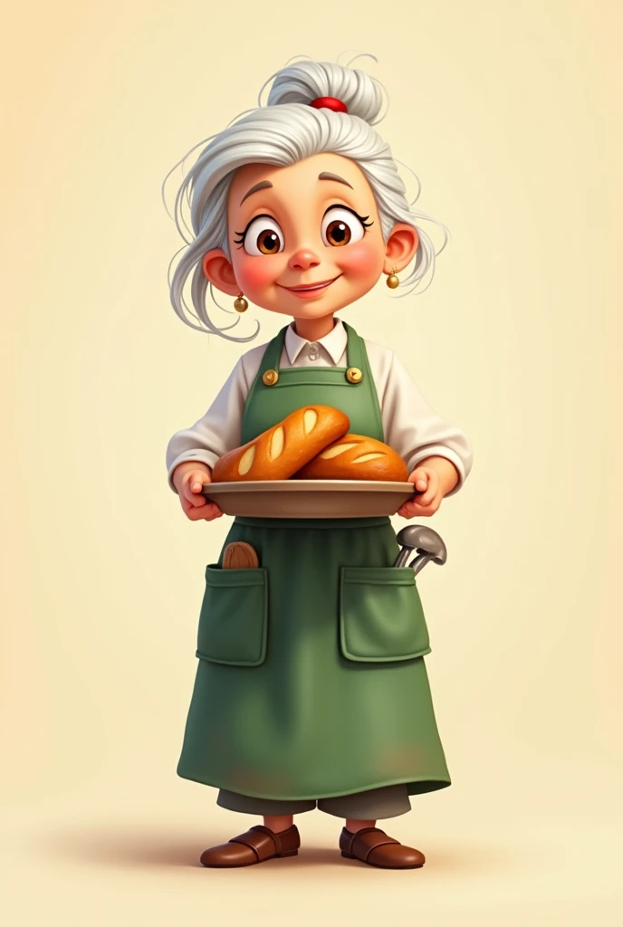 beautiful grandmother, white hair tied in a bun, baker, bread tray in hands green apron, Caucasian, Brown eyes, animated, 2D sin fondo