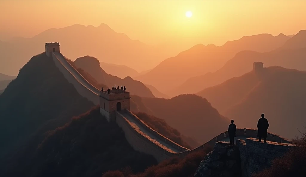 A scene of the Great Wall of China snaking across the rugged landscape, with watchtowers punctuating the wall and soldiers standing guard. The horizon shows distant mountains and a setting sun."
