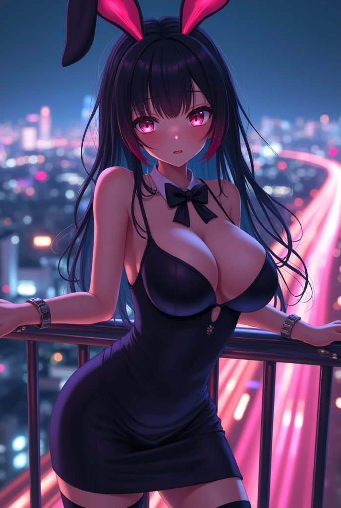 A Japanese anime girl on a luxury balcony, wearing a tight, low-cut dress, with a close-up of the  lines of her  and the neon lights reflecting off her body, highlighting its charm and the vibe of the night, 1girl, solo, (masterpiece, best quality:1.4), extremely detailed face, perfect lighting, ganyurnd, bbunnysuit, pantyhose, fake  ears, wrist cuffs, bowtie,
