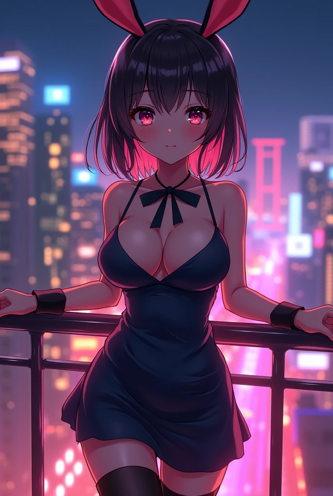 A Japanese anime girl on a luxury balcony, wearing a tight, low-cut dress, with a close-up of the seductive lines of her large breasts and the neon lights reflecting off her body, highlighting its charm and the vibe of the night, 1girl, solo, (masterpiece, best quality:1.4), extremely detailed face, perfect lighting, ganyurnd, bbunnysuit, pantyhose, fake bunny ears, wrist cuffs, bowtie,