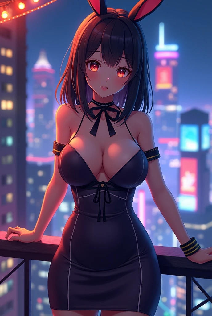 A Japanese anime girl on a luxury balcony, wearing a tight, low-cut dress, with a close-up of the seductive lines of her large breasts and the neon lights reflecting off her body, highlighting its charm and the vibe of the night, 1girl, solo, (masterpiece, best quality:1.4), extremely detailed face, perfect lighting, ganyurnd, bbunnysuit, pantyhose, fake bunny ears, wrist cuffs, bowtie,